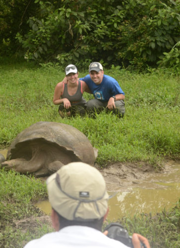 Tourists posing with a Wild Tortoise