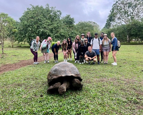 Students standing behind a Galapagos giant tortoise in the Galapagos highlands.